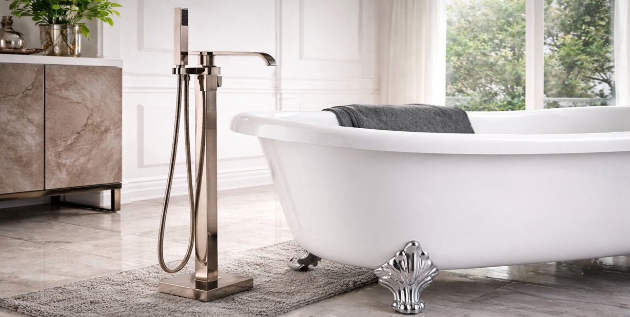 Fontana St. Gallen FS1384BN brushed nickel freestanding tub faucet with hand shower